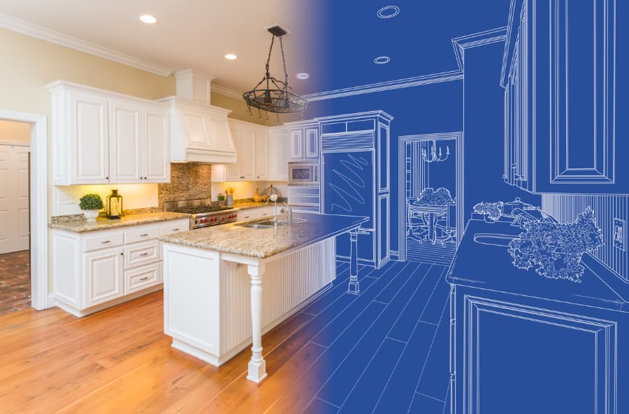 An illustration showing a kitchen blueprint drawing fading into a photo of a finished room 