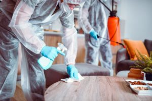 Team members perform biohazard cleanup in a home