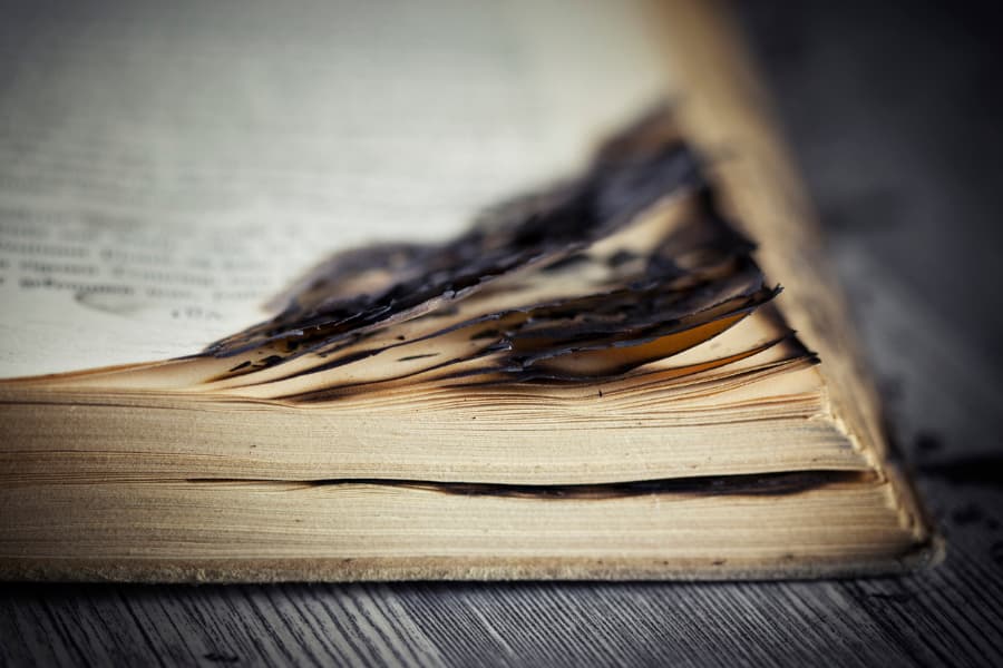 Closeup of book with fire damage