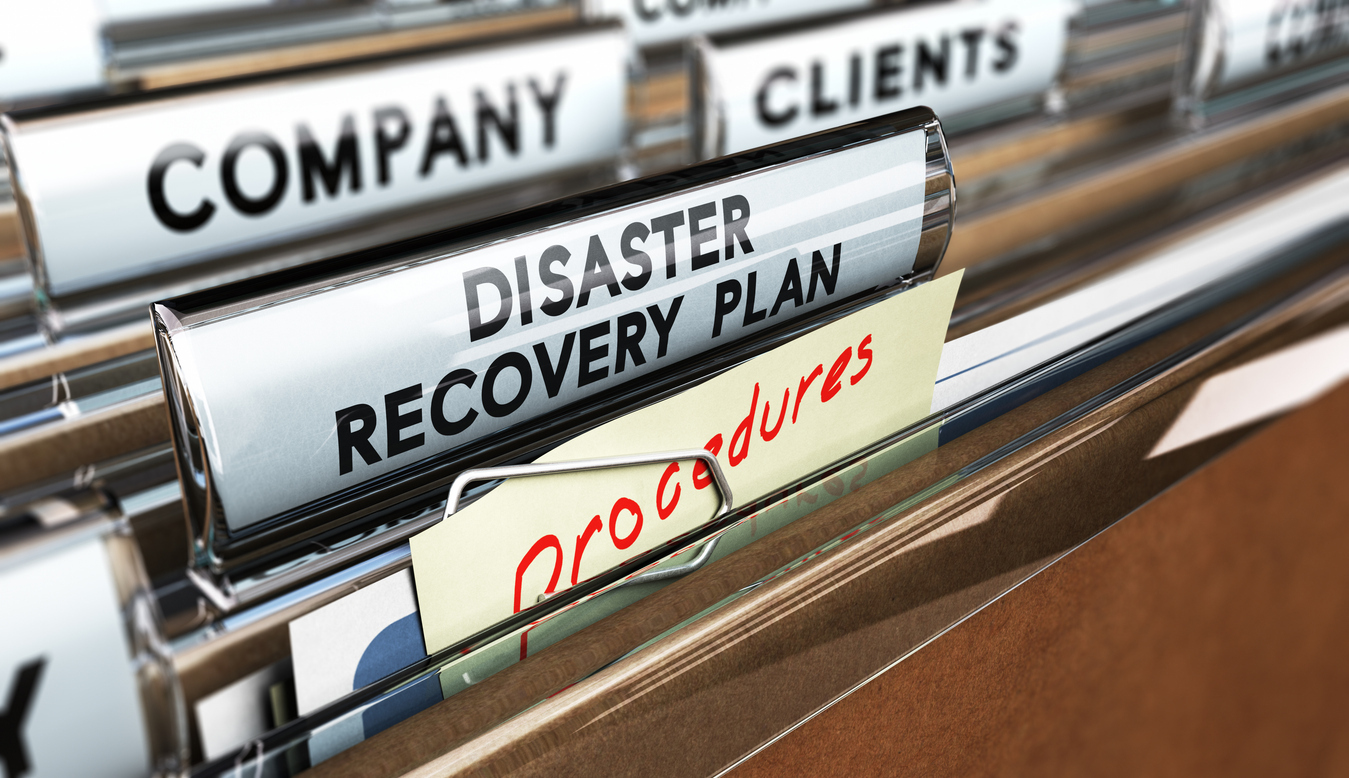 Disaster recovery plan files in filing cabinet