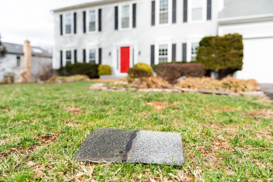 Front Yard Of House With A Roof Shingle In The Grass