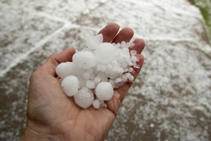 Person Holding Pea And Quarter Sized Hail And Much Of It Covering The Sidewalk In The Background